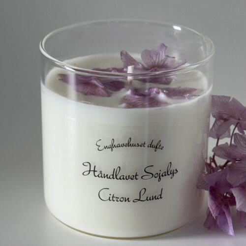 Duftlys citronlund  med dusch lilla hortensia