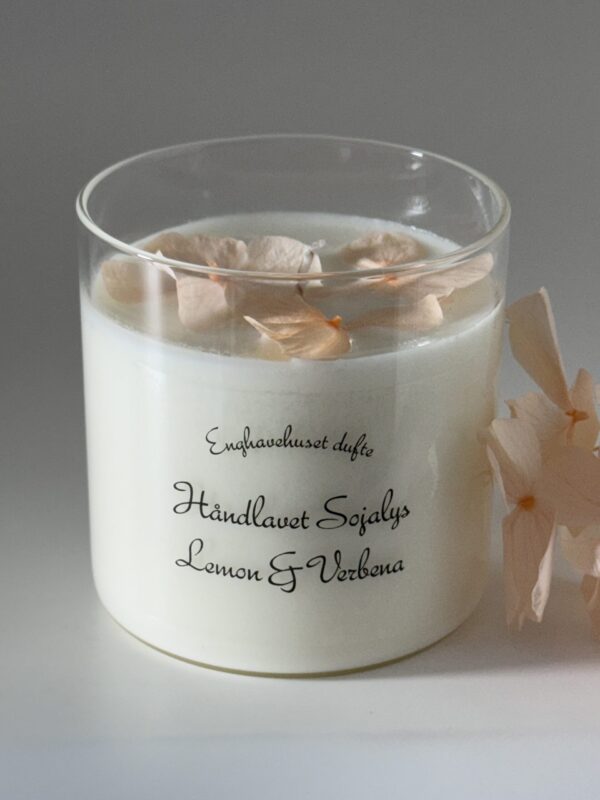 Duftlys lemon & verbena  med fersken hortensia