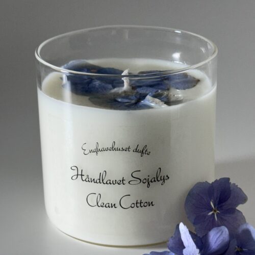 Duftlys clean cotton  med blå hortensia