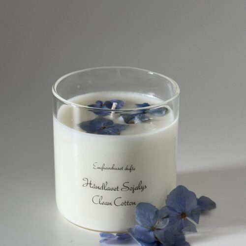 Duftlys clean cotton  med blå hortensia