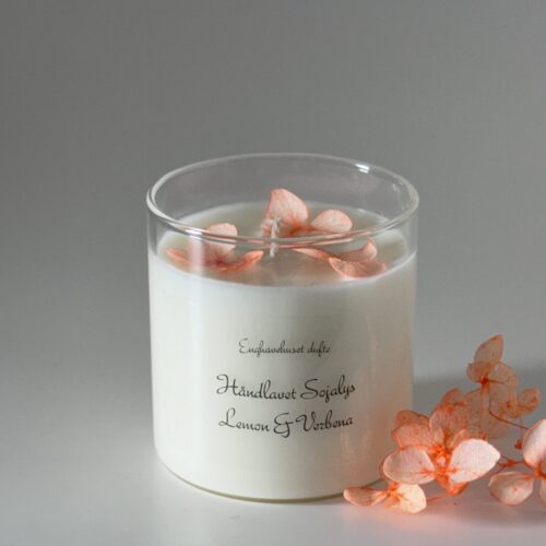 Duftlys lemon & verbena  med koral hortensia